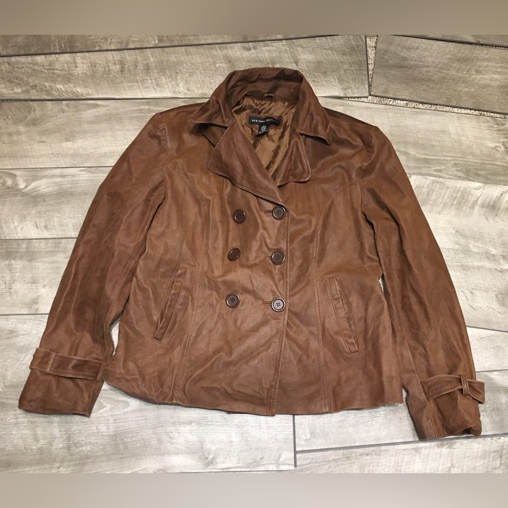 New York & Company Button Up Bomber Pea Coat Style Leather Women’s Jacket Large